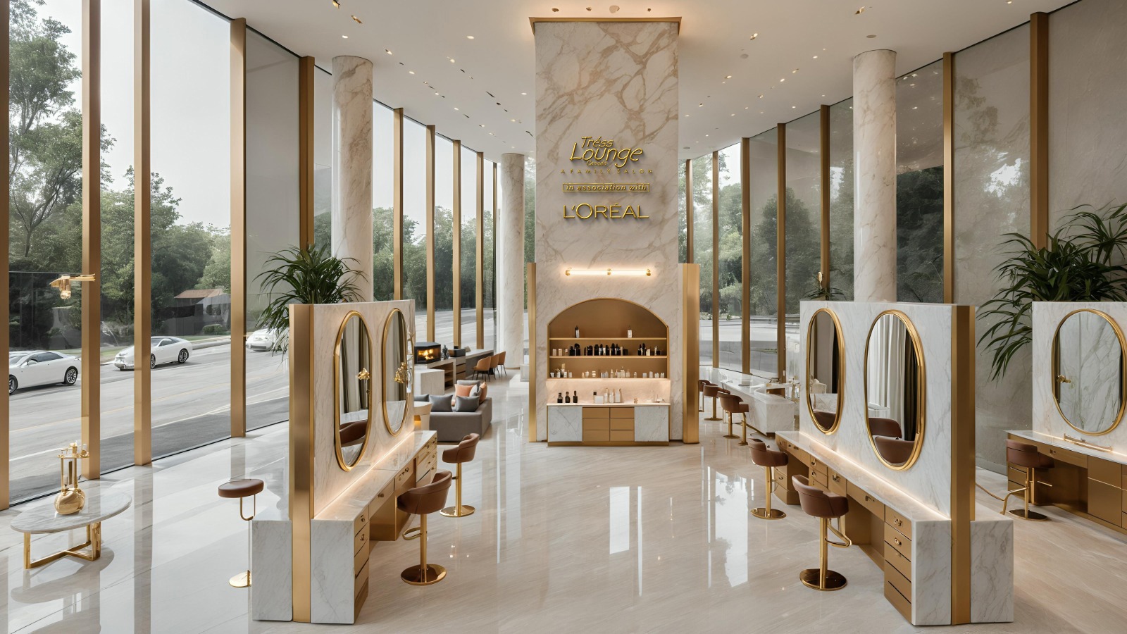 Interior of a modern, luxury Tress Lounge salon featuring golden logo signage, sleek haircutting stations, and plush salon chairs, with no people present.